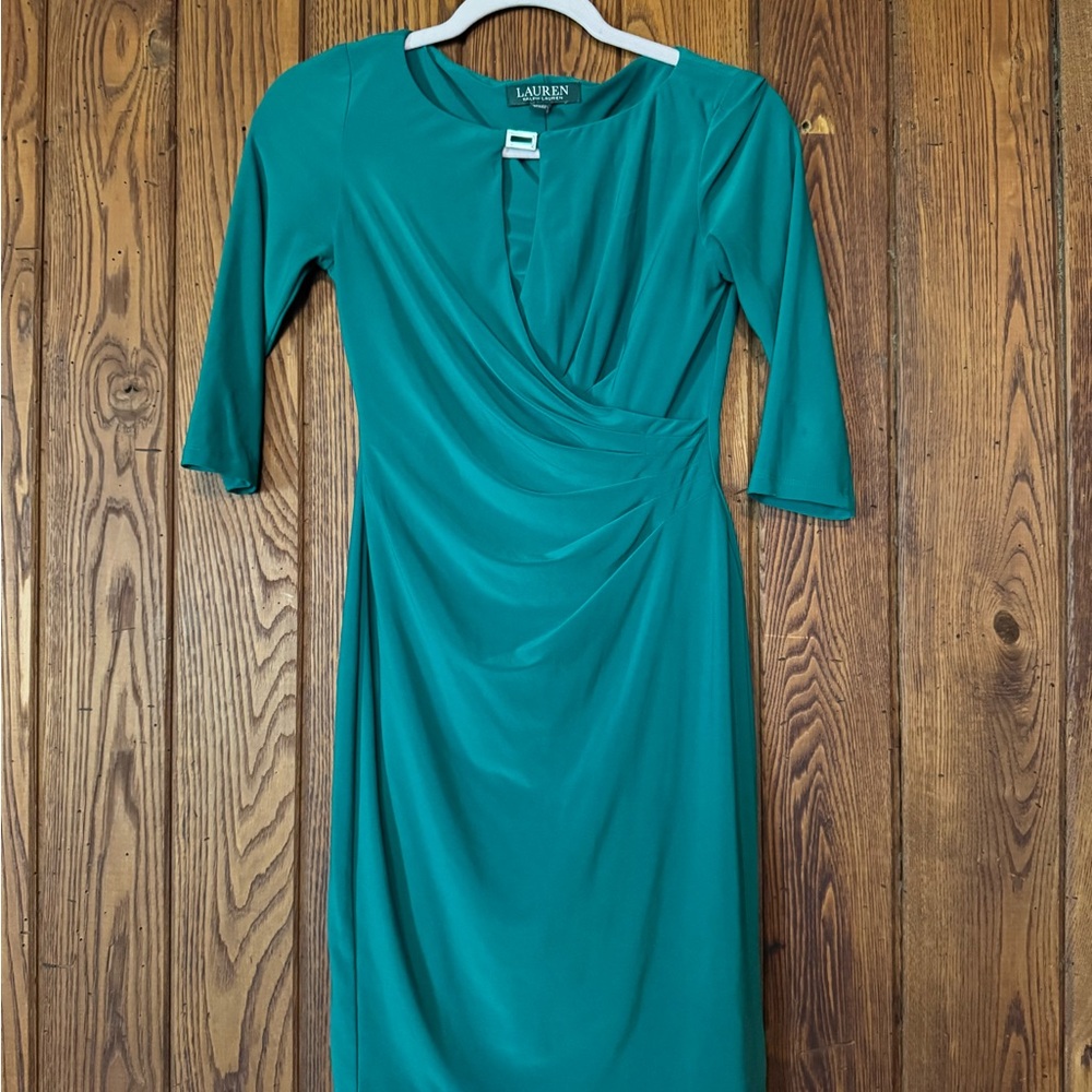 Ralph Lauren Teal Faux-Wrap Midi Dress